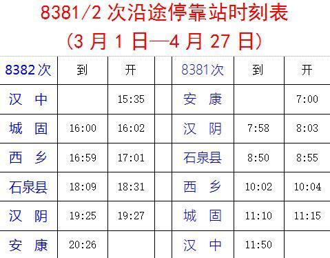 另附上8382/8381次列车停靠站点及时间 注: 自3月1日起至4月27日