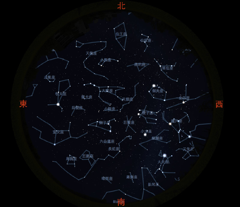 看到的是同样的星空，不过标示的是西方的星座名称（此图由Stellarium软体绘制）。