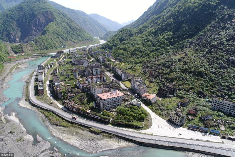 四川绵阳航拍北川老县城地震遗址