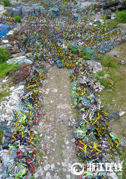 密集恐惧症慎点杭州一空地堆放上千辆共享单车