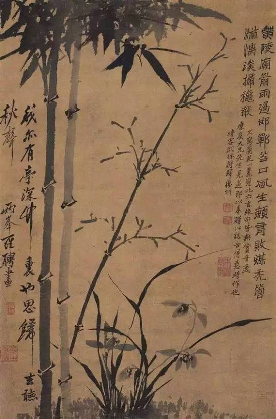 此画中以浓淡二墨写竹竿枝叶,水墨撇脱,随意挥洒,以浓淡枯润的变化